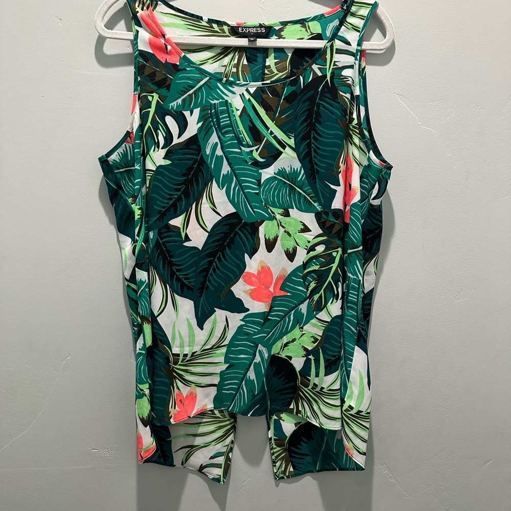 Express Tropical Leaf Print Sleeveless Blouse - Green, Orange, White